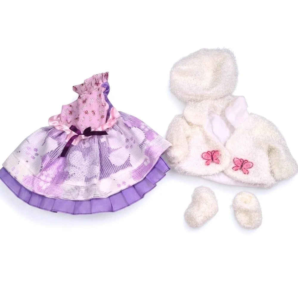 Fits American Girl Doll Outfit Purple Floral Dress Fuzzy White Jacket Set Bootie